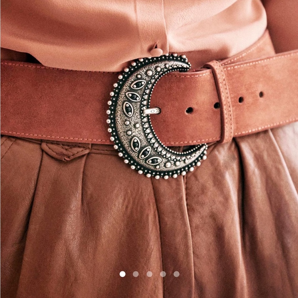 Sézane Louve Rust Suede Belt with Ornate Silver Crescent Buckle